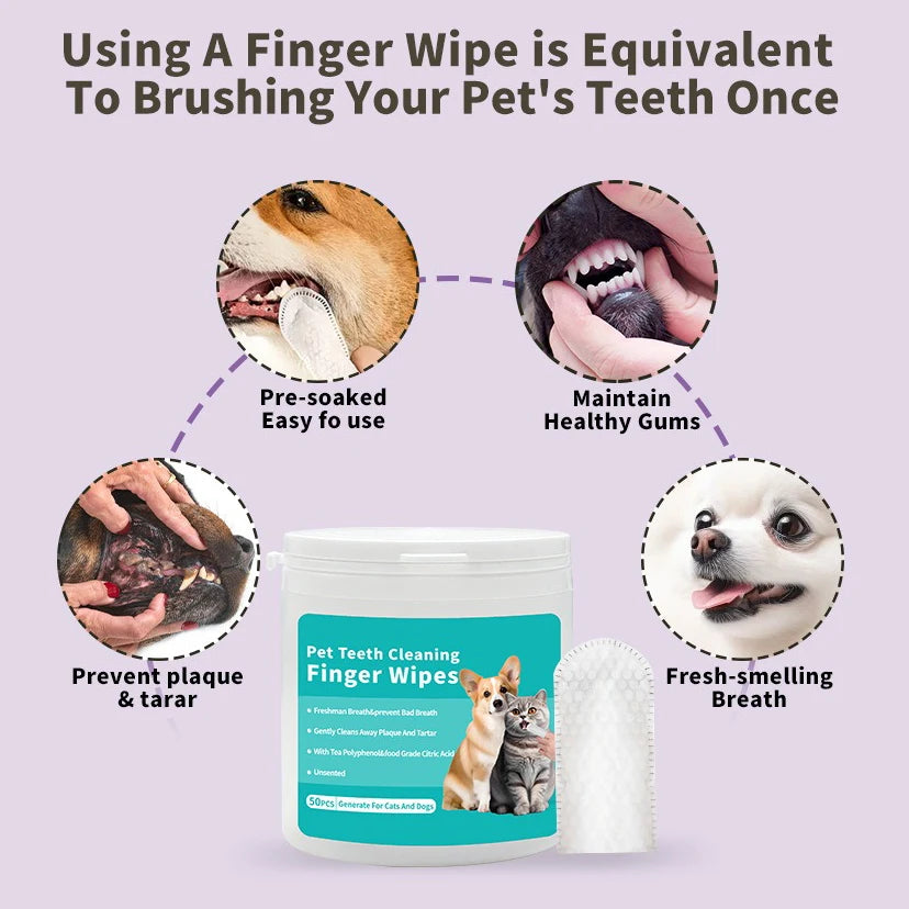 Disposable Finger Toothbrush for Dogs & Cats - Pet Teeth Cleaning Wipes (50 Pack)